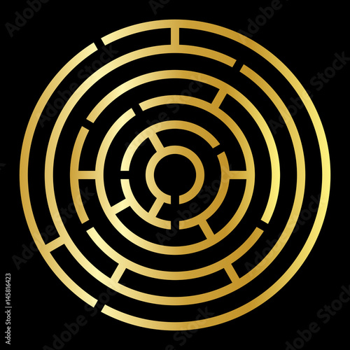 Maze Symbol Round Icon Design. Vector gold simple circle labyrinth sign or logo element isolated on black background