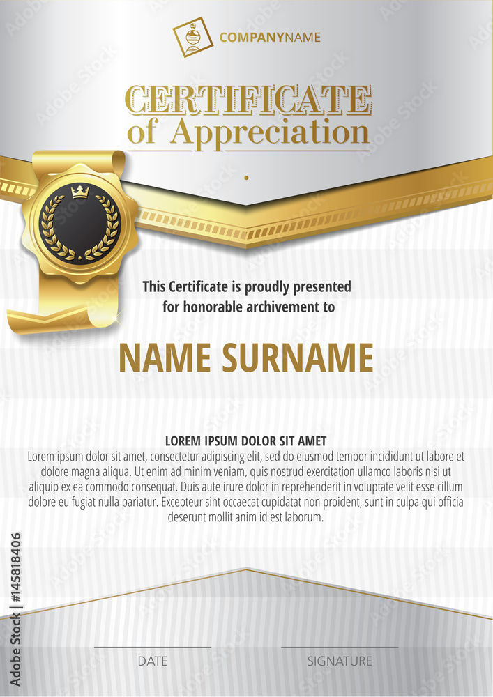 Fototapeta premium Template of Certificate of Appreciation with golden badge, in silver