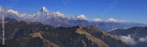 Autumn day in the Himalayas. Annapurna range seen from Mohare Danda, Nepal.