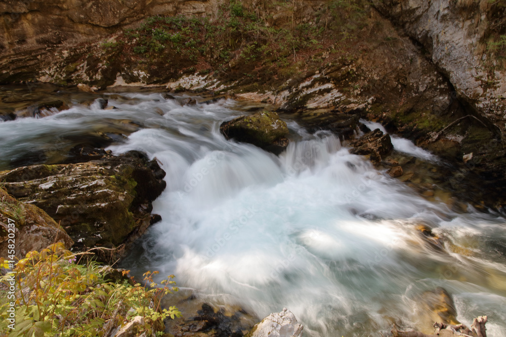 Nature landscape. Clean and crystal clear water in mountain river.