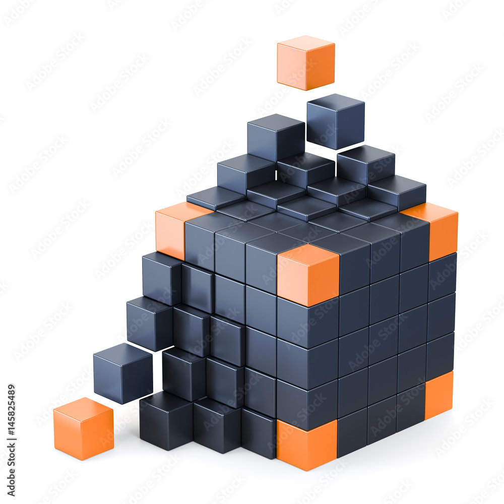 Fototapeta premium Background metal cubes. 3d render illustrations. With orange cubes.