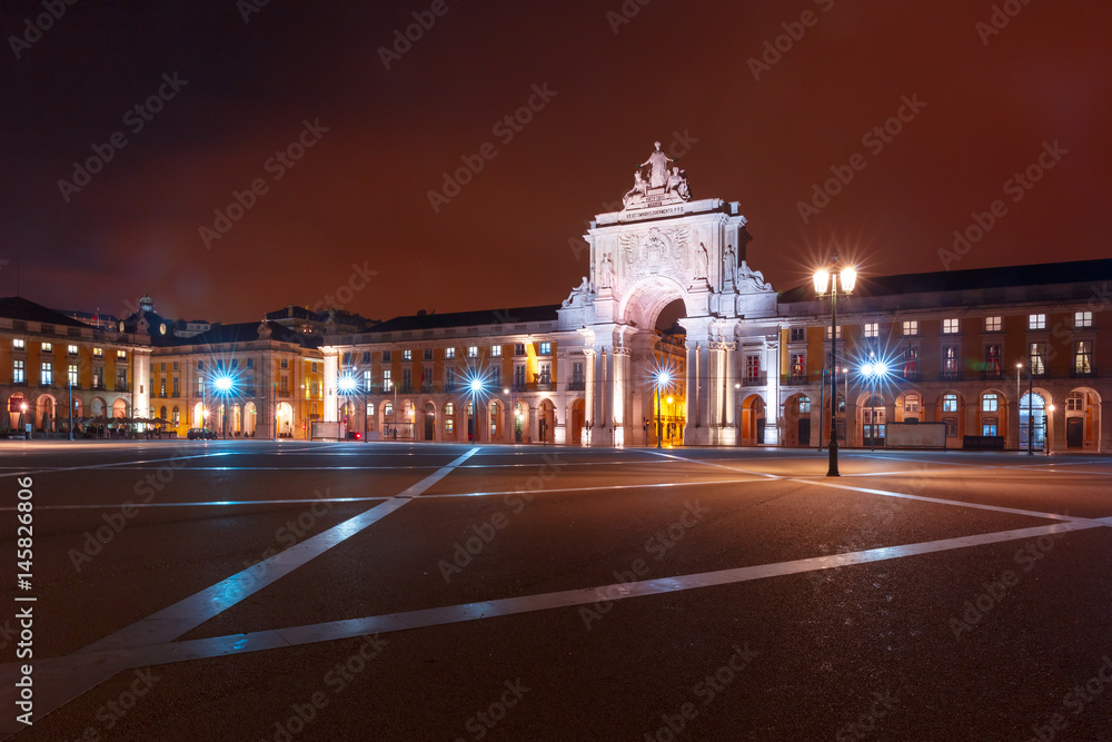 Ttriumphal arch - Rua Augusta Arch on the Commerce Square at night, Lisbon, Portugal