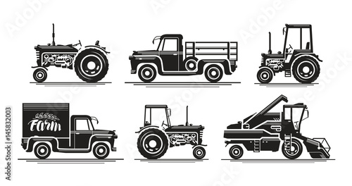 Farm transport, set icons. Agricultural tractor, truck, lorry, harvester, combine, pickup, car symbol. Silhouette vector illustration