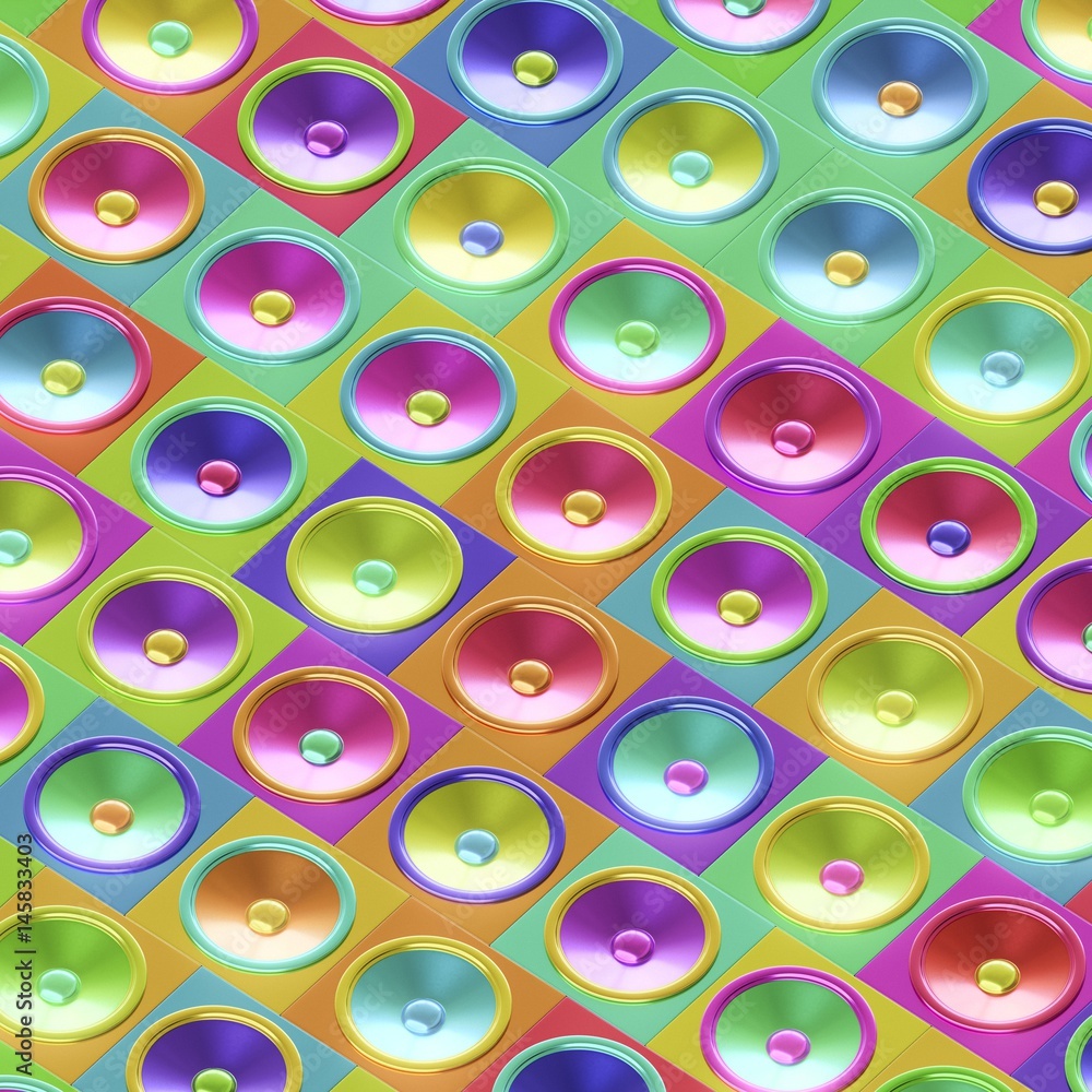 Isometric Grid of Metallic Multicolored Speakers Isometric Grid of Metallic Multicolored Speakers