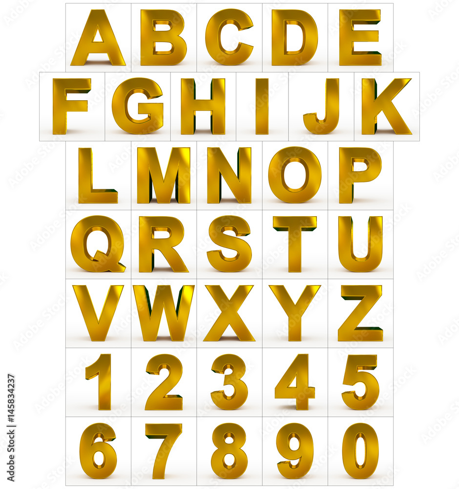 letters and numbers 3d golden isolated on white