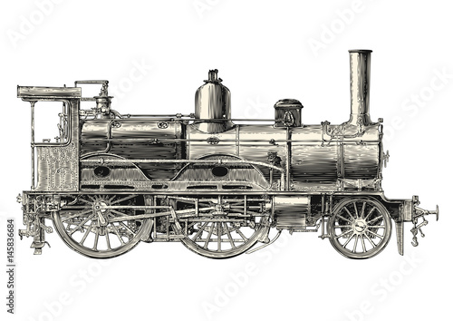 retro transportation and travel engraving / drawing: vintage locomotive - vector design element