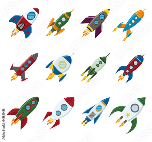 Vector retro space rocket ship icon set in a flat style. Design elements for background with project start up and development process, creative idea etc.