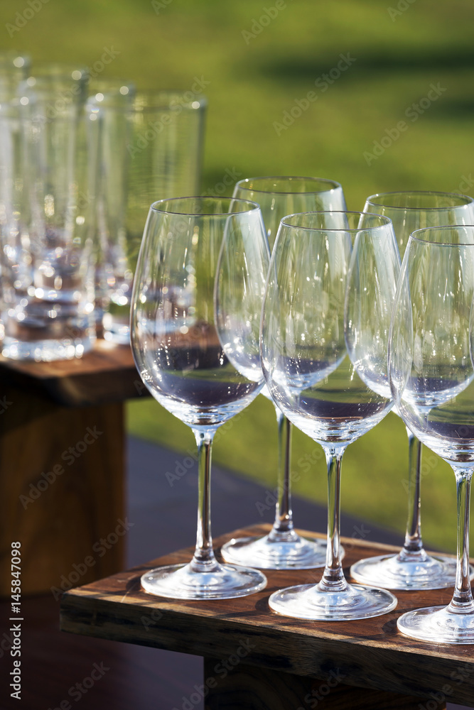 Empty wine glasses prepared for serving Empty wine glasses prepared for serving
