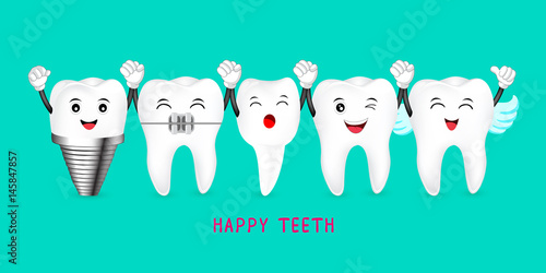 Happy cute cartoon tooth characters. Dental care concept. Illustratiion