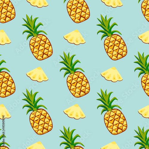 Cartoon fresh pineapple fruits in flat style seamless pattern food summer design vector illustration.