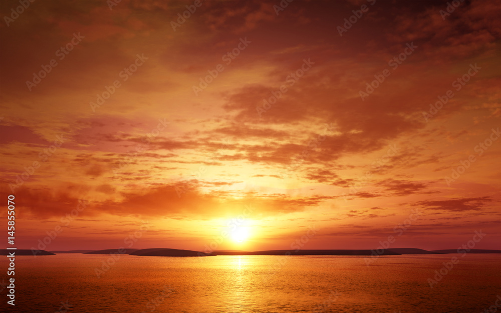 Serene and colorful Sunset. Photo real 3D illustration