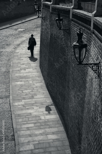 Solitude victorian man with top hat and suitcase walking on the summer street