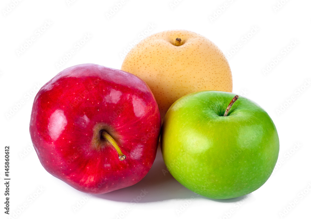 Pear, green and red apples isolated on white with clipping path Pear, green and red apples isolated on white with clipping path