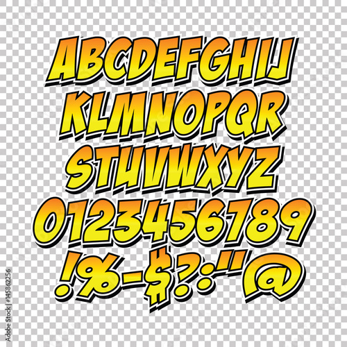 Comic alphabet set. Letters, numbers and figures for kids' illustrations websites comics banners.