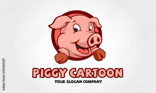 Piggy Logo Cartoon Character. Happy smiling little baby cartoon pig in round frame. Vector logo illustration