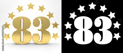 Golden number oeighty three on white background with drop shadow and alpha channel , decorated with a circle of stars. 3D illustration