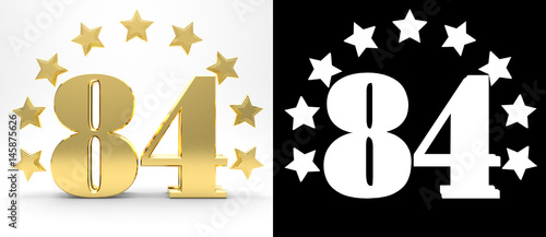 Golden number eighty four on white background with drop shadow and alpha channel , decorated with a circle of stars. 3D illustration
