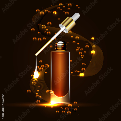 Brand new pattern cosmetic ads, glass bottle drops of essence oil isolated on brown background.