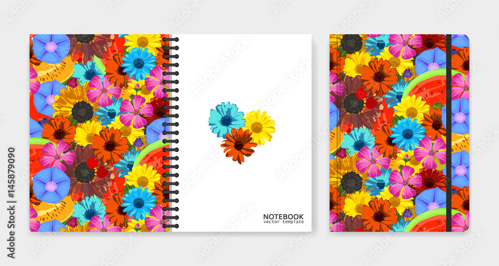 Cover design for notebooks or scrapbooks with realistic bright flowers and fruits