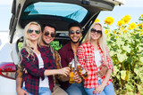 Friends drinking beer toasting clink bottles sitting in car trunk outdoor countryside, happy smile people group summer sunflower field