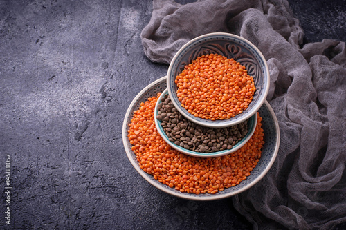 Bowls with red and black lentils
