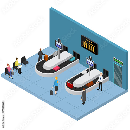 Airport Baggage Reclaim Interior Isometric View. Vector