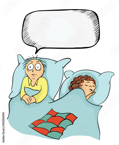 Man and woman in bed. Concept on the topic of insomnia, or erectile dysfunction, problems between the spouses. Vector illustration.
