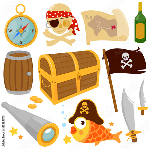 Set of pirate objects. A treasure chest, pirate skull, a pirate flag, a compass and pirate swords. Vector illustration