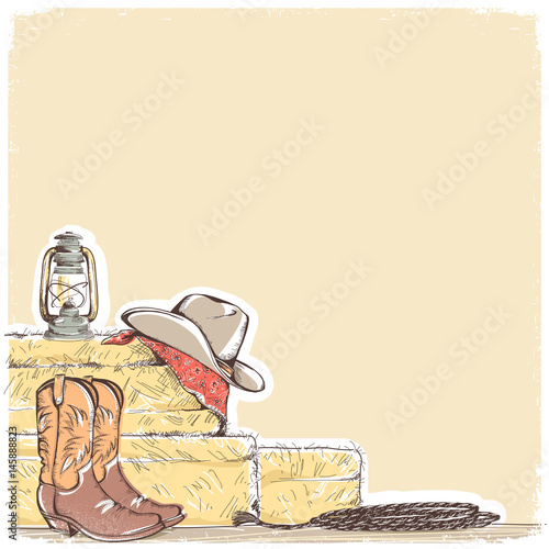 cowboy background with western boots and west hat.