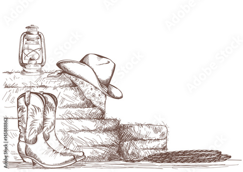 hand draw cowboy background with western boots and west hat in ranch. photo