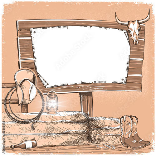 Cowboy background with wood board for text. American ranch monochrome illustration