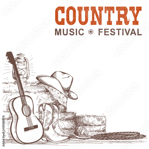 Country music background with guitar and american cowboy shoes and western hat