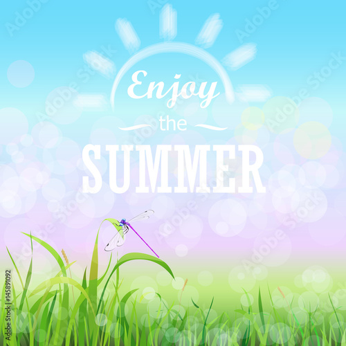 Green grass lawn with bokeh blue sky. Enjoy summer text on the Floral nature summer spring background.