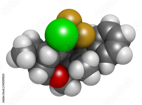 Bifenthrin insecticide molecule  pyrethroid class . 3D rendering. Atoms are represented as spheres with conventional color coding.