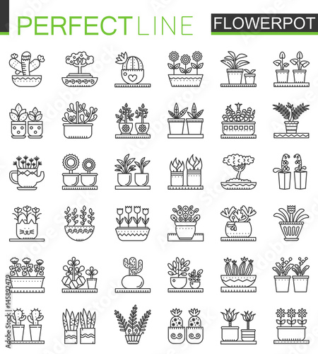 Flowers in pots outline concept symbols. Flowerpot thin line icons. Modern linear style illustrations set.
