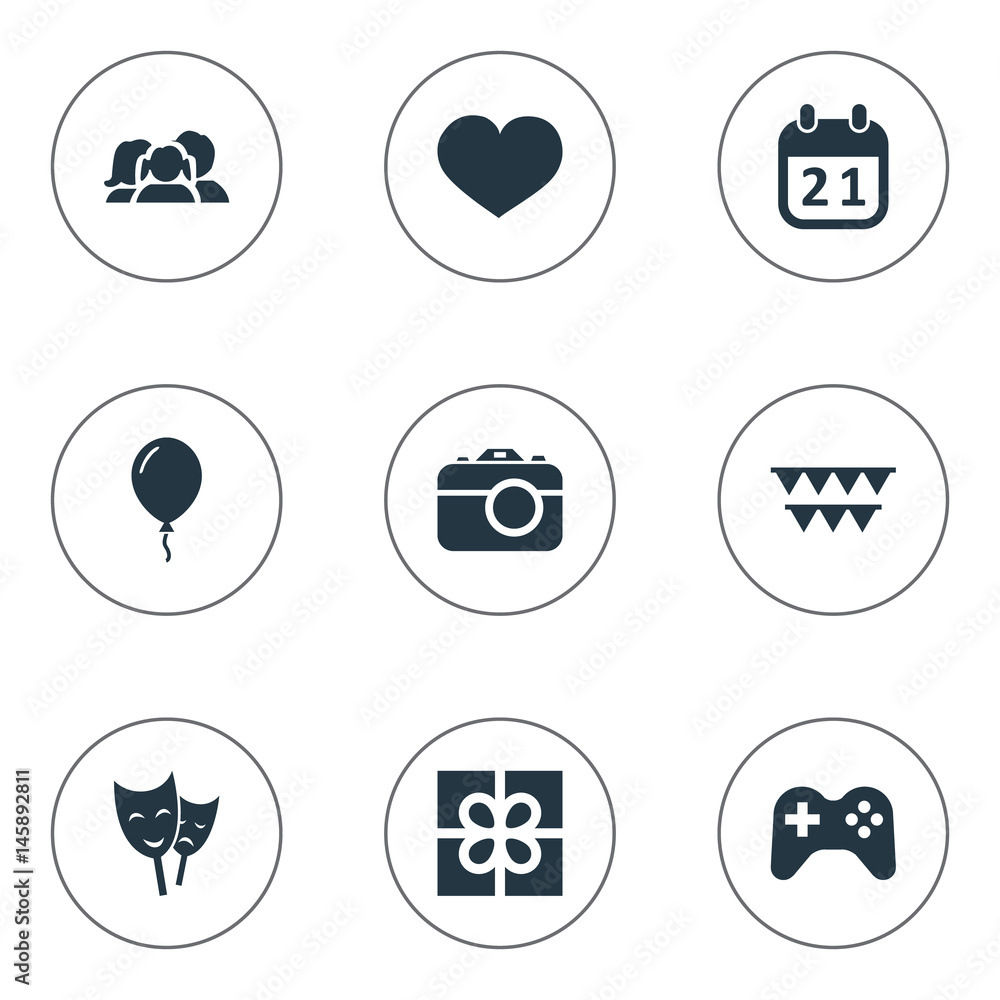 Vector Illustration Set Of Simple Celebration Icons. Elements Aerostat,  Decorations;, Soul And Other Synonyms Photography, Domestic And Box. Stock  Vector | Adobe Stock