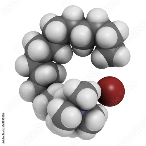 Cetrimonium bromide antiseptic surfactant molecule. 3D rendering. Atoms are represented as spheres with conventional color coding: hydrogen (white), carbon (grey), nitrogen (blue), bromine (brown). photo