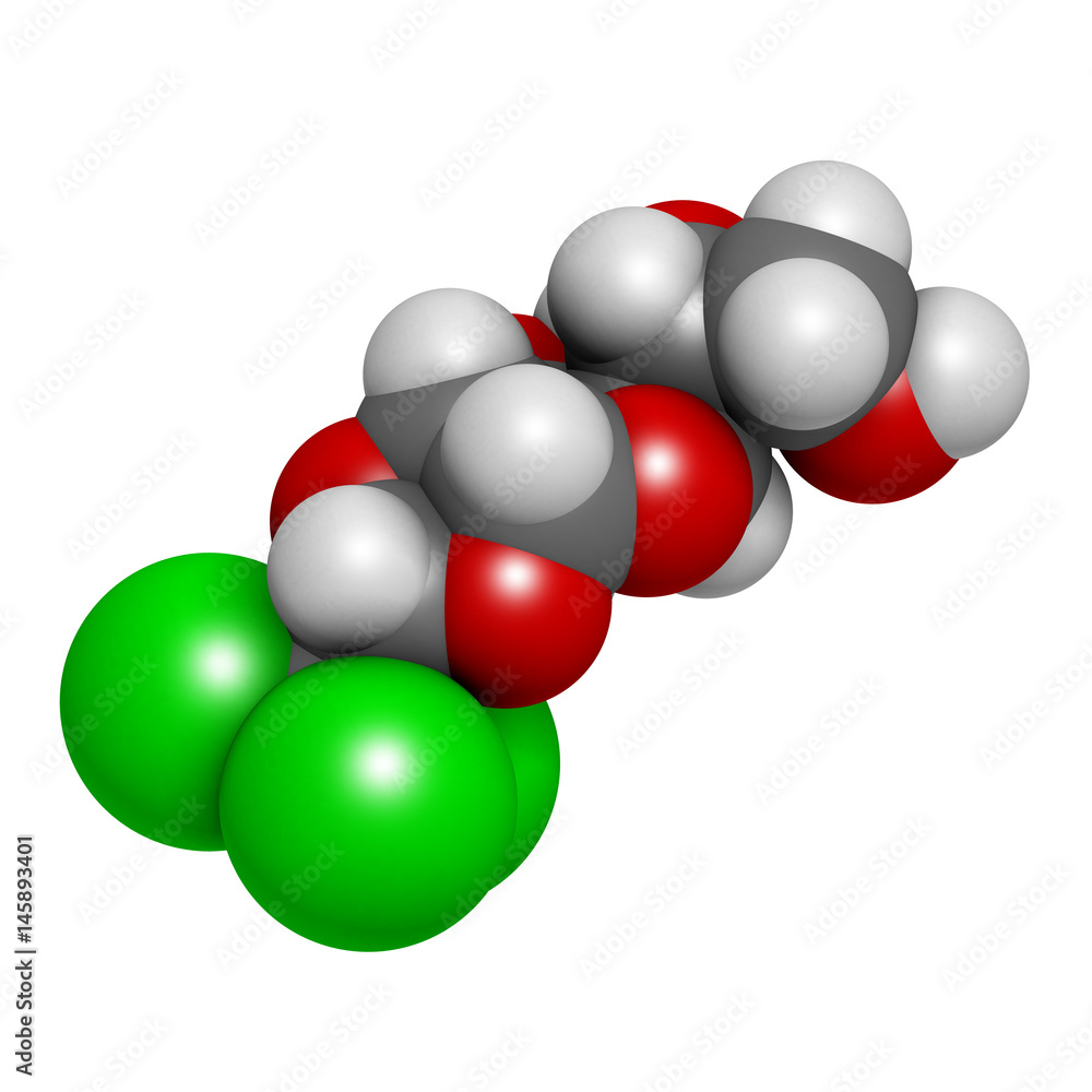 Chloralose rodenticide molecule. 3D rendering. Atoms are represented as spheres with conventional color coding: hydrogen (white), carbon (grey), oxygen (red), chlorine (green). Chloralose rodenticide molecule. 3D rendering. Atoms are represented as spheres with conventional color coding: hydrogen (white), carbon (grey), oxygen (red), chlorine (green).