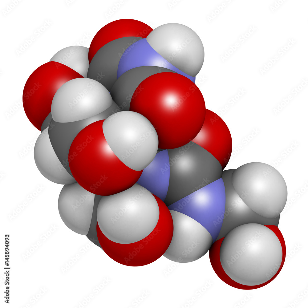 Diazolidinyl urea antimicrobial preservative molecule (formaldehyde releaser). 3D rendering. Atoms are represented as spheres with conventional color coding. Diazolidinyl urea antimicrobial preservative molecule (formaldehyde releaser). 3D rendering. Atoms are represented as spheres with conventional color coding.
