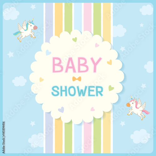 Baby shower card for new born design with rainbow and blue sky background decorated with unicorns © tharnthip