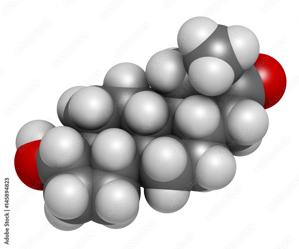 Drostanolone anabolic steroid molecule. 3D rendering. Atoms are represented as spheres with conventional color coding: hydrogen (white), carbon (grey), oxygen (red). Drostanolone anabolic steroid molecule. 3D rendering. Atoms are represented as spheres with conventional color coding: hydrogen (white), carbon (grey), oxygen (red).