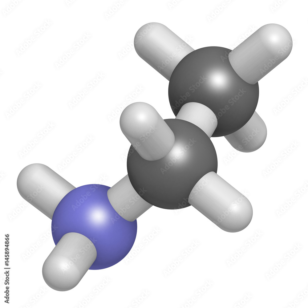 Ethylamine organic base molecule. 3D rendering. Atoms are represented as spheres with conventional color coding: hydrogen (white), carbon (grey), nitrogen (blue). Ethylamine organic base molecule. 3D rendering. Atoms are represented as spheres with conventional color coding: hydrogen (white), carbon (grey), nitrogen (blue).