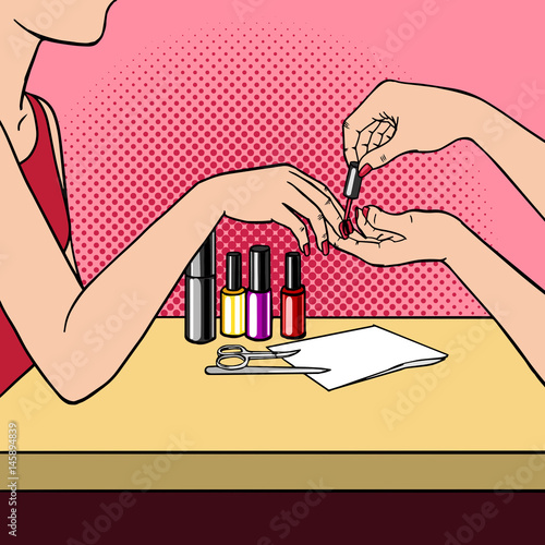 Woman making manicure pop art style vector