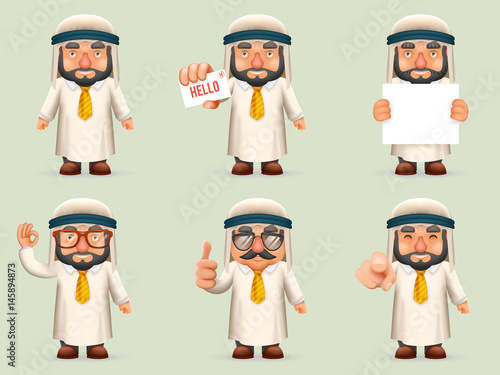 Finger Pointing Up Businessman Sale Presentation Cartoon Character Arab Traditional National Muslim Clothes White Board Icon on Stylish Background Retro Design Vector Illustration