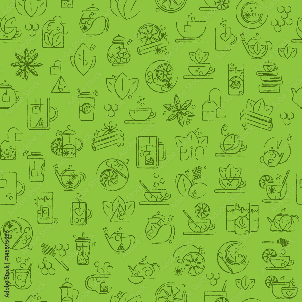 Tea seamless background with thin line icons - green tea pattern