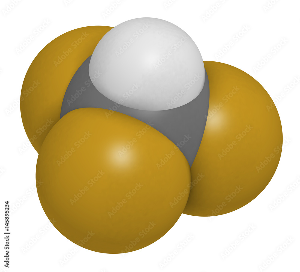Fluoroform greenhouse gas molecule. 3D rendering. Atoms are represented