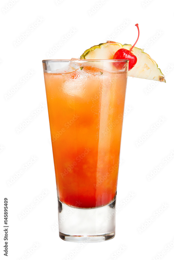 Refreshing cocktail with pineapple and maraschino cherry decoration Refreshing cocktail with pineapple and maraschino cherry decoration