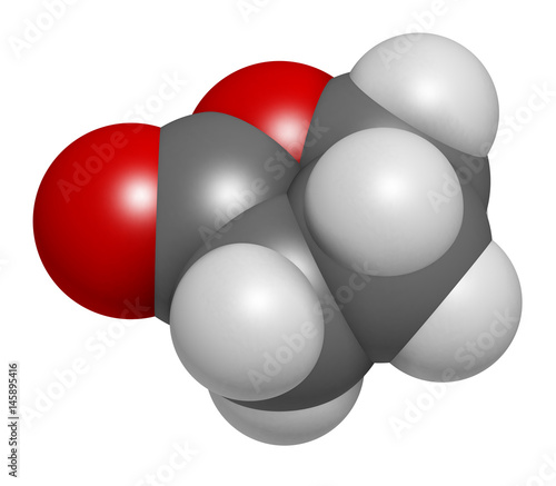 Gamma-butyrolactone (GBL) solvent molecule. Used as prodrug form of GHB (gamma-hydroxybutyric acid). 3D rendering. Atoms are represented as spheres with conventional color coding. photo