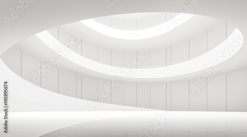 modern white space interior with spiral ramp 3d rendering image.A blank wall with pure white. Decorate wall with vertical line pattern