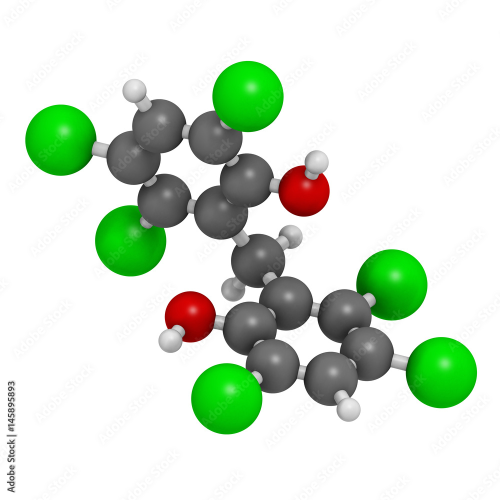 Hexachlorophene disinfectant molecule. 3D rendering. Atoms are represented as spheres with conventional color coding: hydrogen (white), carbon (grey), oxygen (red), chlorine (green). Hexachlorophene disinfectant molecule. 3D rendering. Atoms are represented as spheres with conventional color coding: hydrogen (white), carbon (grey), oxygen (red), chlorine (green).